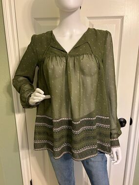 LOFT Olive Green Long-Sleeve V-Neck Peasant Tunic